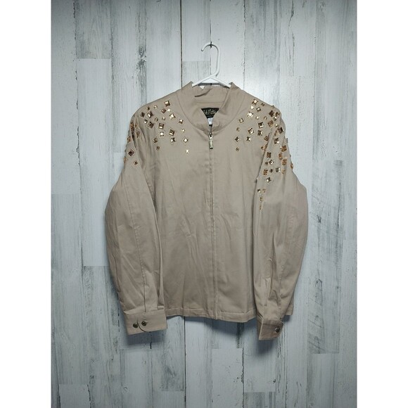 Bob Mackie Jacket Womens XL Beige Full Zip Bejeweled Glitter Wearable Art - Picture 1 of 6